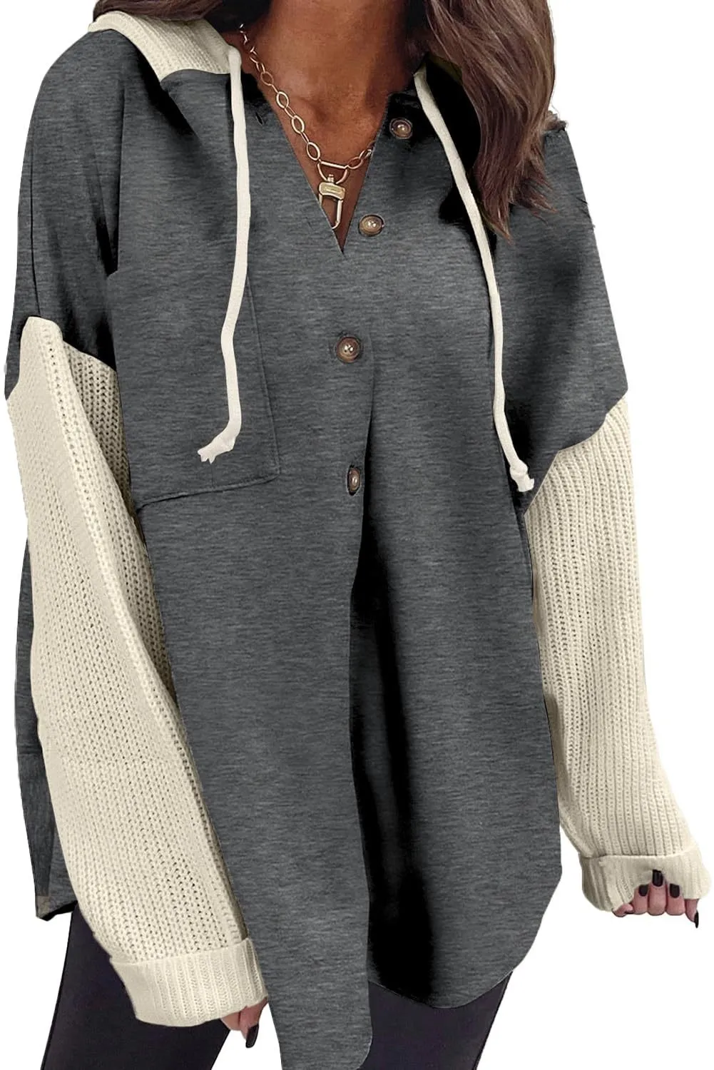 Women's Loose Long Sleeve Button Hooded Sweatshirt - Grey