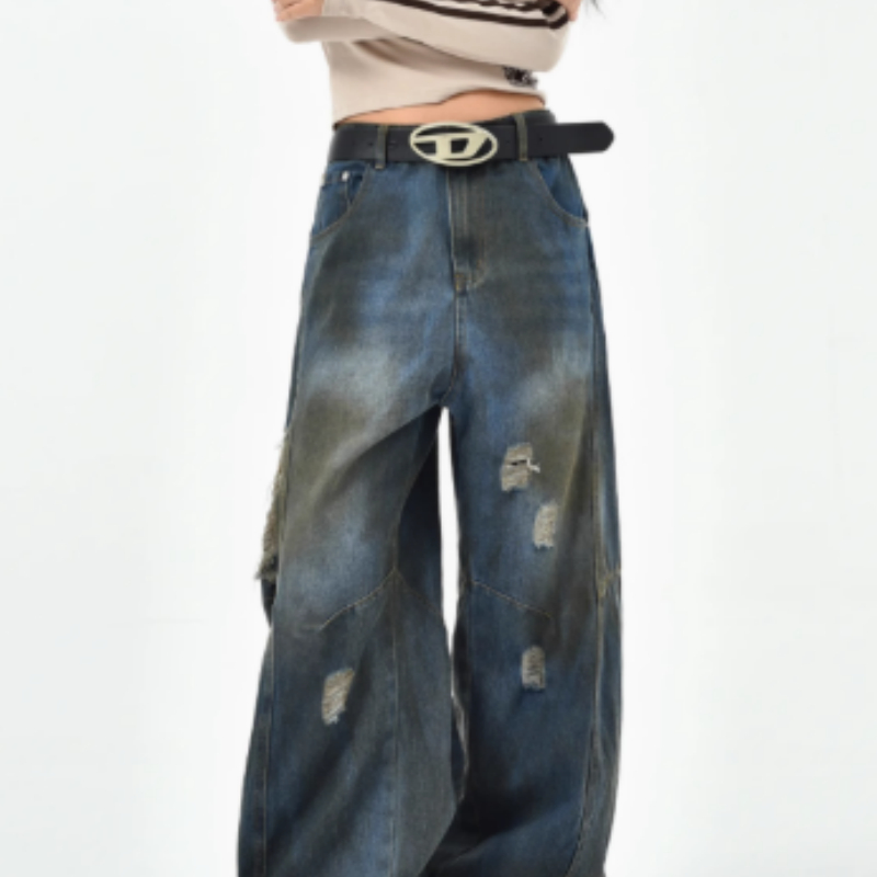 American Retro Washed Ripped Jeans For Women's High end Blue - Shop at LoveMi