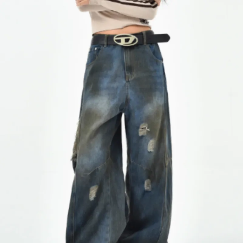 American Retro Washed Ripped Jeans For Women's High-end - Blue