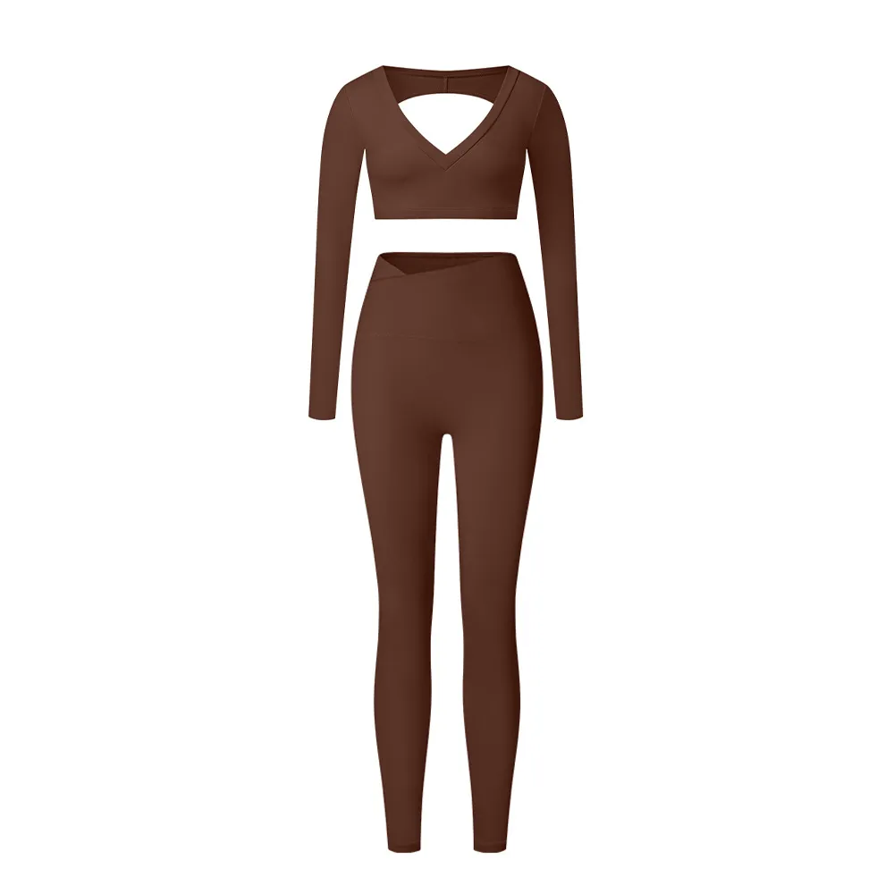 Suit Brushed Close-fitting Body Shaping High Waist Workout - Long Sleeve Trousers B Brown