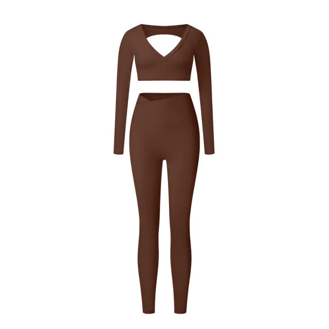 Suit Brushed Close fitting Body Shaping High Waist Workout Long Sleeve Trousers B Brown - Shop at LoveMi