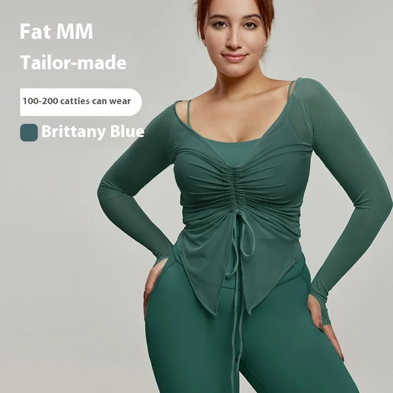 Plus Size Yoga Wear Blouse Long Sleeve Fat Top - Tan