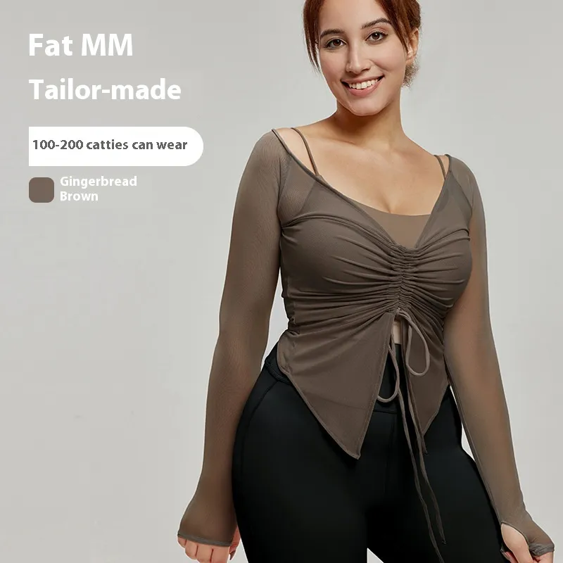 Plus Size Yoga Wear Blouse Long Sleeve Fat Top - Ginger Brown