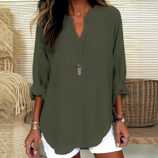 Cotton And Linen Loose Casual Stand Collar Shirt Olive Green - Shop at LoveMi
