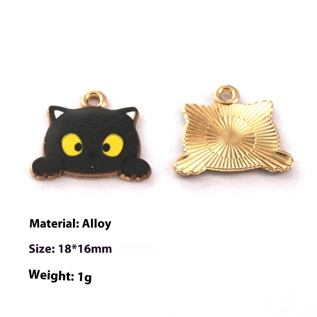 Japanese Style Kitten Cute Printed Cartoon DIY Dripping Oil Metal Alloy Earrings Key Ring Pendant Accessories - Black Cat Head