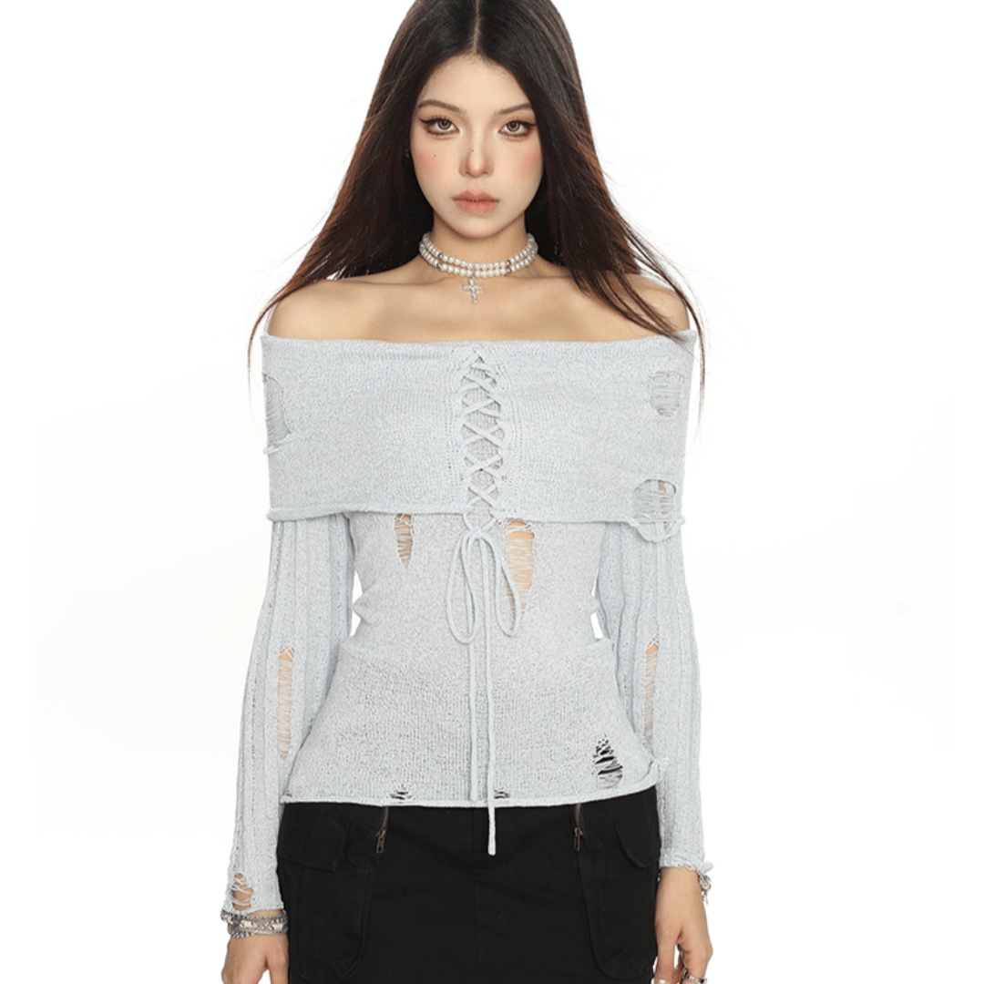 Women's Design Hollow Off-shoulder Lace-up Sweater