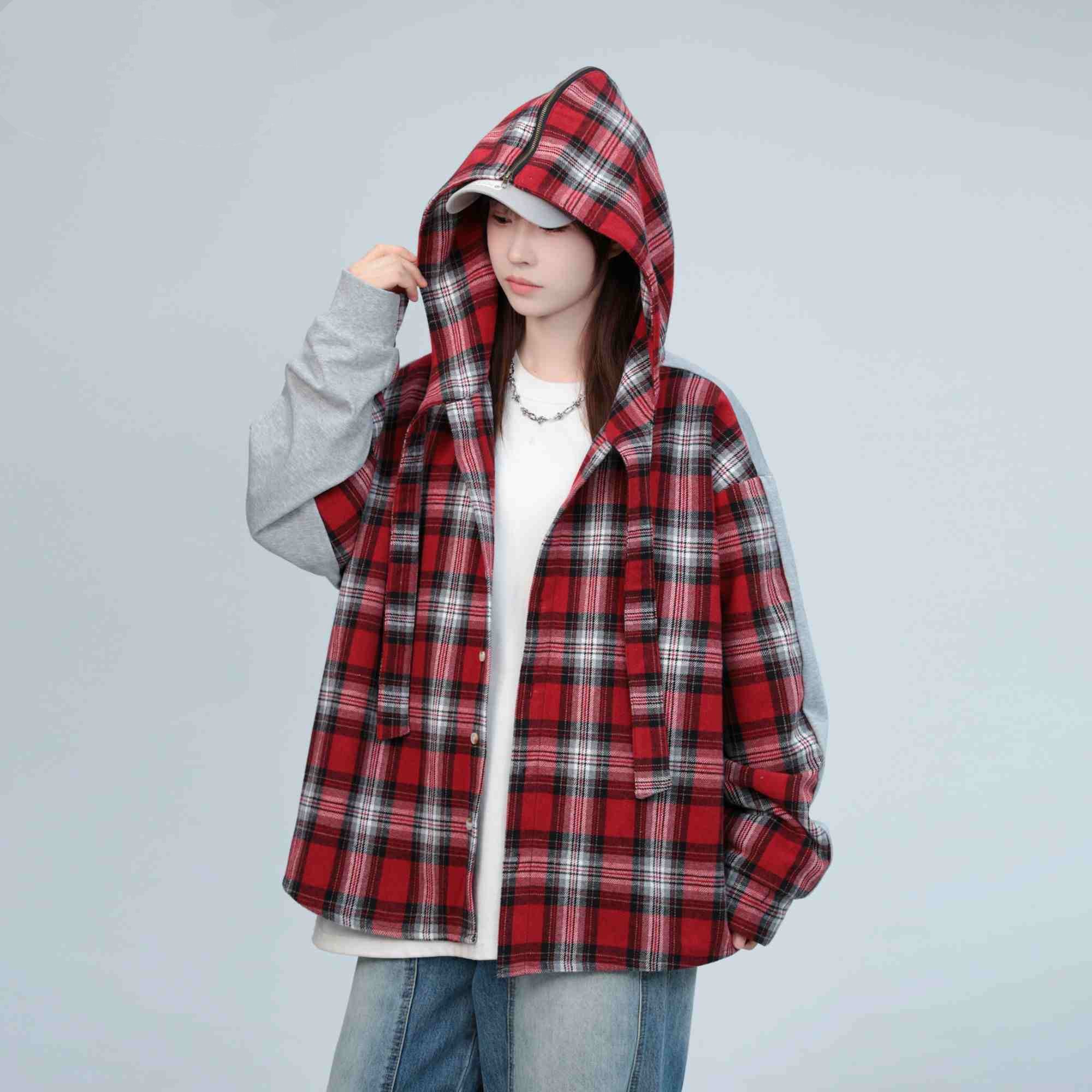 Shirt Plaid Patchwork Grey Cotton Red - Shop at LoveMi