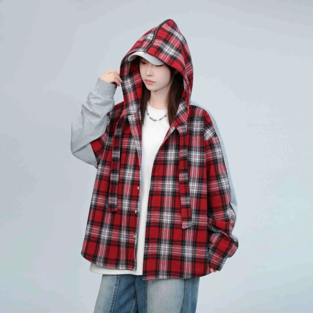 Shirt Plaid Patchwork Grey Cotton - Red