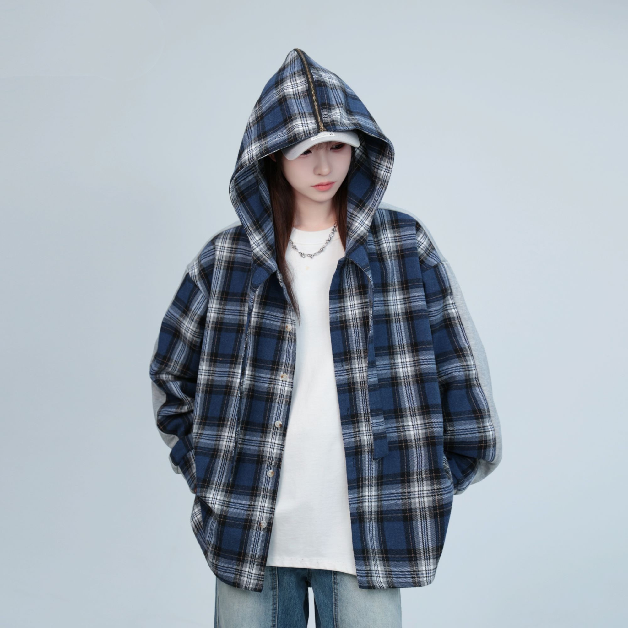 Shirt Plaid Patchwork Grey Cotton