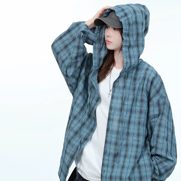 Hooded Plaid Long sleeved Shirt Baggy Coat Retro Casual Blue - Shop at LoveMi