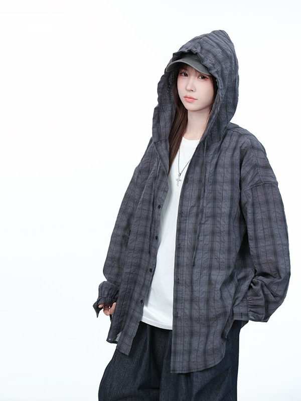 Hooded Plaid Long-sleeved Shirt Baggy Coat Retro Casual