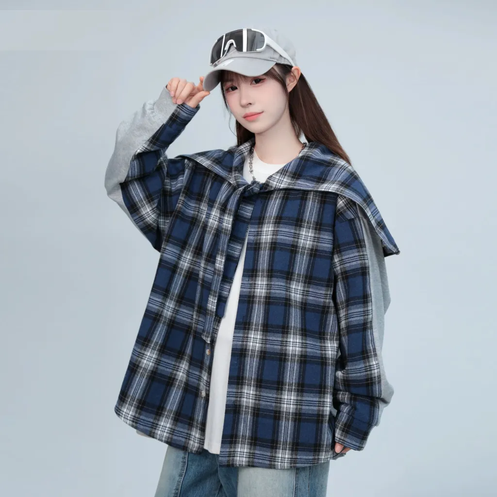 Plaid Stitching Gray Rayon Hooded Cape Shirt - Blue