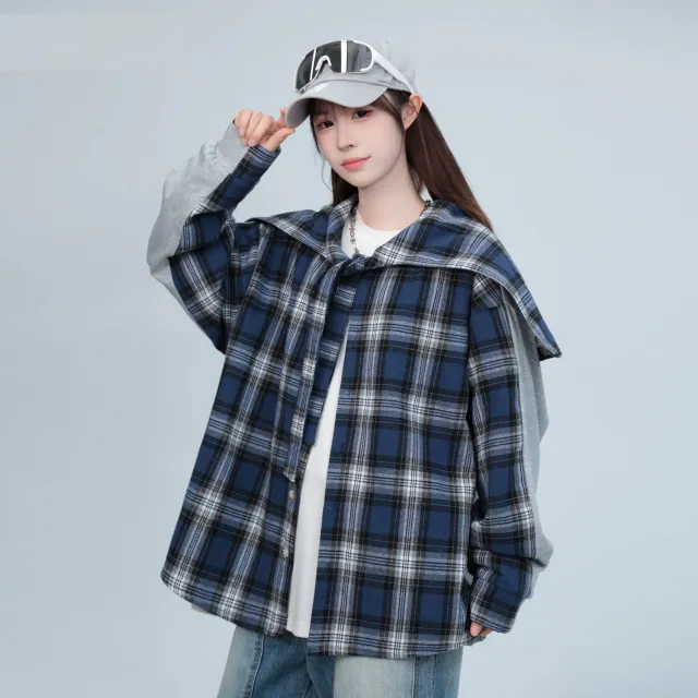 Plaid Stitching Gray Rayon Hooded Cape Shirt Blue - Shop at LoveMi
