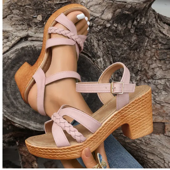 Foreign Trade Round Head Chunky Heel Ankle strap Buckle Sandals Pink - Shop at LoveMi
