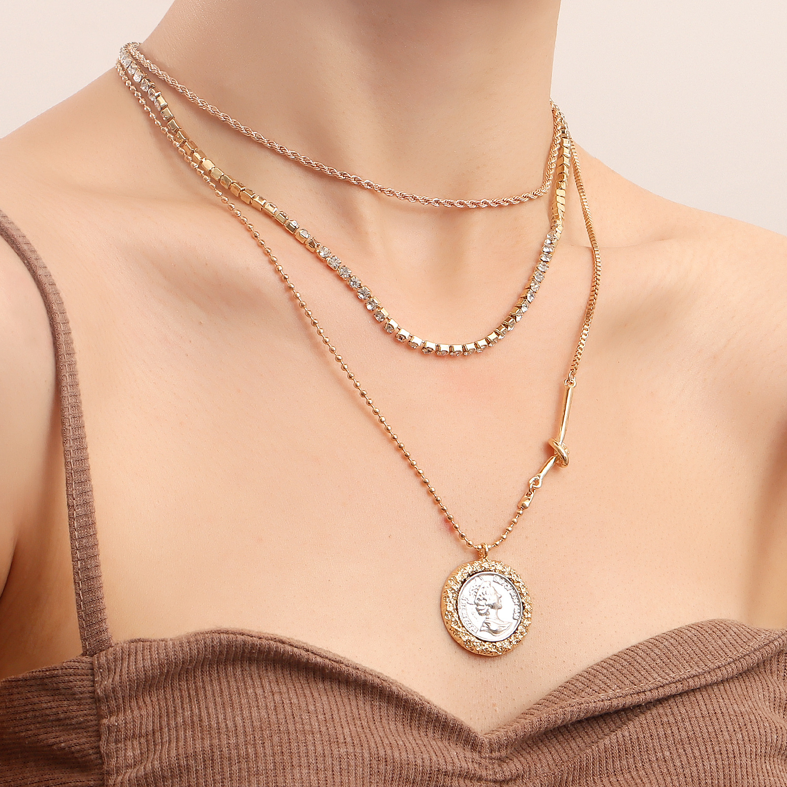Retro Round Brand Portrait Multi-layer Necklace Street Fashion Cuban Chain Personality Stacking Necklace