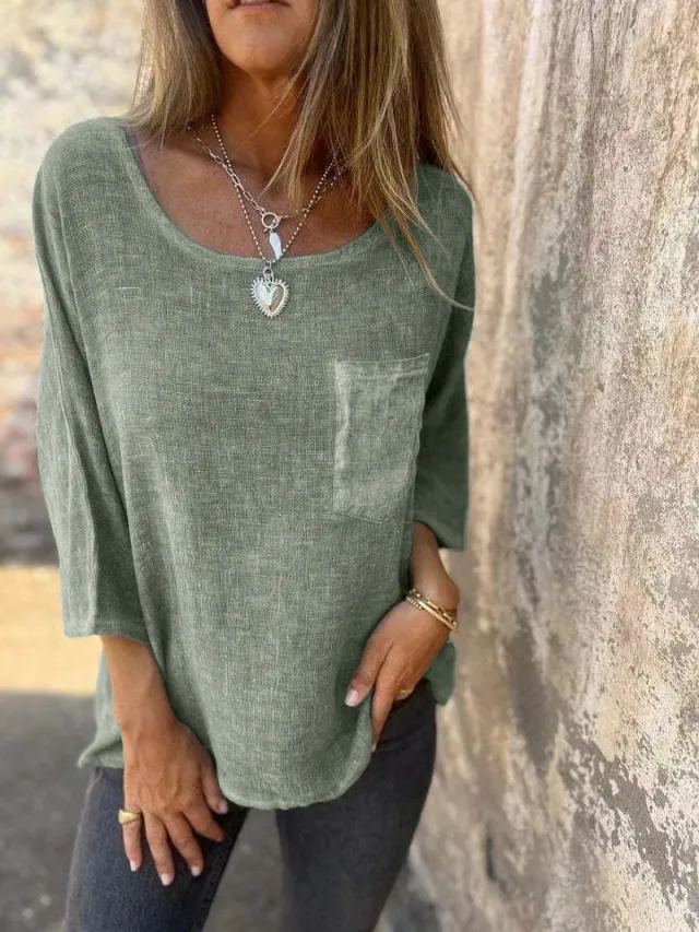 Round Neck Pullover Bat Three quarter length sleeved T shirt Pocket Color Matching Light Green - Shop at LoveMi