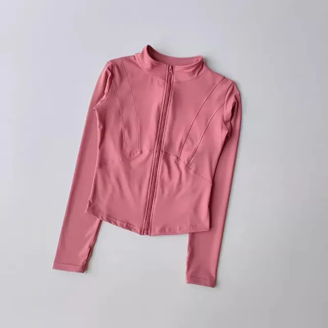 Stand Collar Jacket Thin Fitness Top Yoga Clothes Long Sleeve Tan - Shop at LoveMi