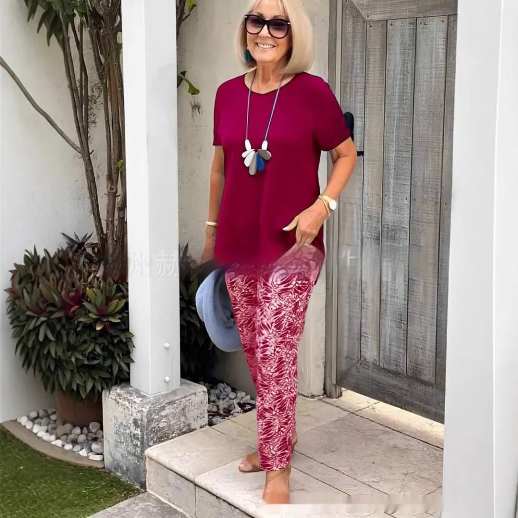 Short Sleeve Printed Top And Trousers Solid Color Pattern Casual Suit - Rose