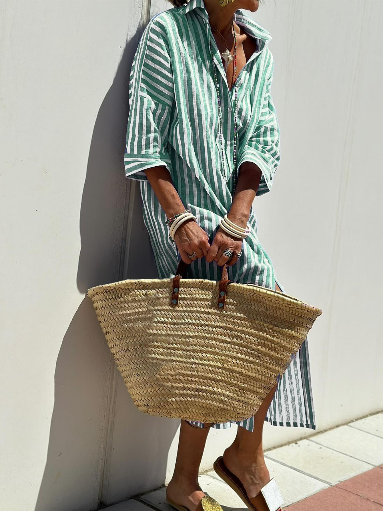 Vestido camisero de media manga a rayas con cinturón solapa botón cárdigan vestidos para mujer - Imagen 10 de 17