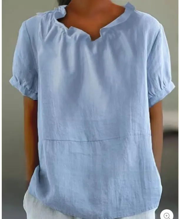 Loose Cotton And Linen Fashion Neckline Casual Shirt Sapphire Blue - Shop at LoveMi