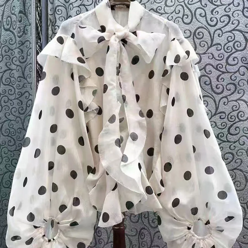 Unique Ruffled Temperament Polka Dot Shirt Women - White
