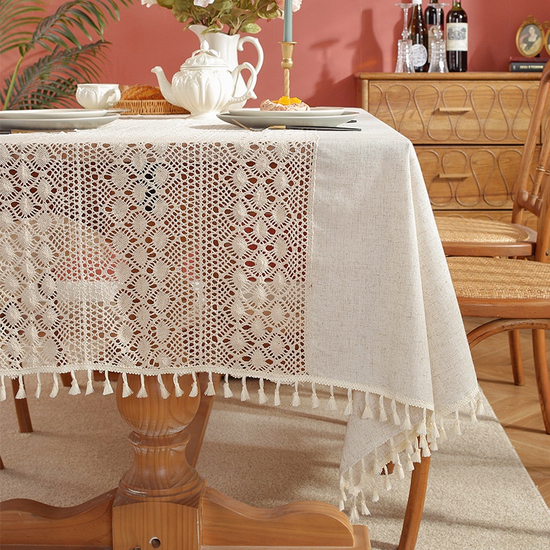 Polyester Linen Plain Hollow Lace Tablecloth