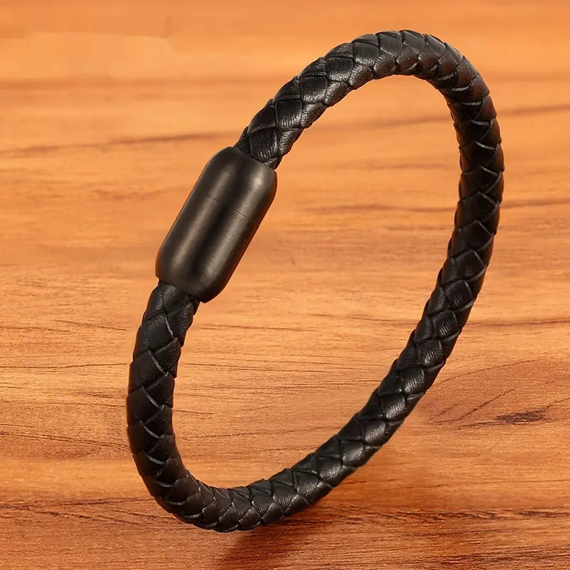 Men's Stainless Steel Genuine Leather Rope Braided Bracelet