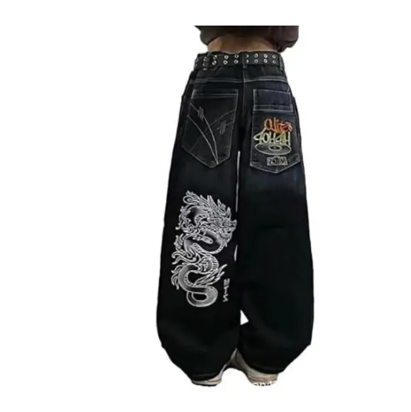 Men's And Women's Fashion Loose Skull Printed Jeans - Navy