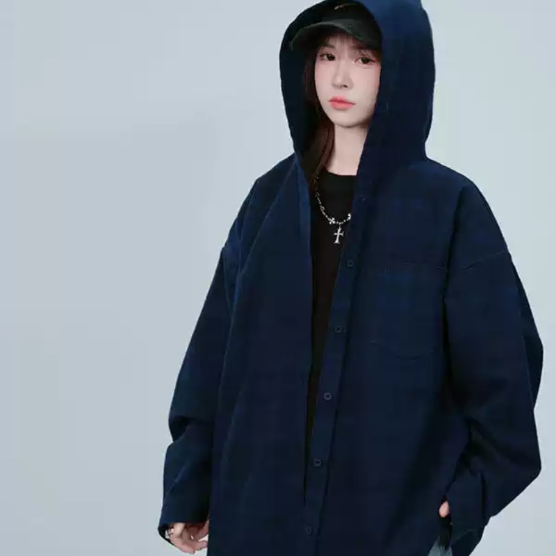 Spring New Men And Women Blue Plaid Hooded Long-sleeved Shirt