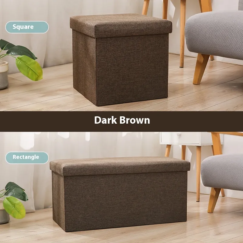 Household Folding Storage Organizer Sofa Shoe Changing Bench Cotton And Linen Storage Stool - Brown