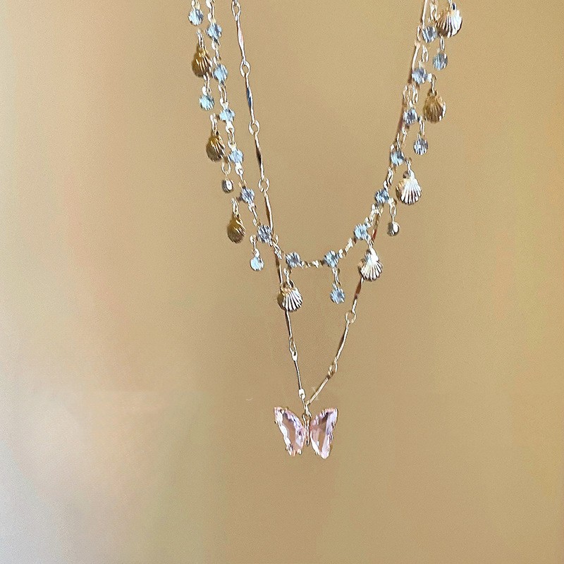 Blue Butterfly Double-layered Tassel Necklace Summer