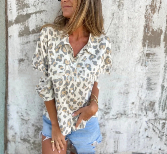 Leopard Print Women's Fashion Loose fitting Long Sleeves Shirt White - Shop at LoveMi