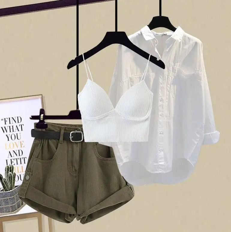 Plus Size Women's Western Style Slimming Thin Type Sunscreen Shirt Short Pants Three-piece Suit