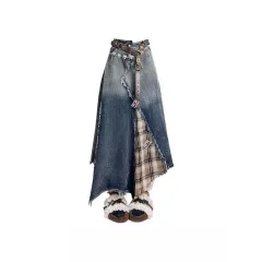Maillard Retro Irregular Denim Stitching Plaid A- Line High Waist Skirt - Blue - View 1