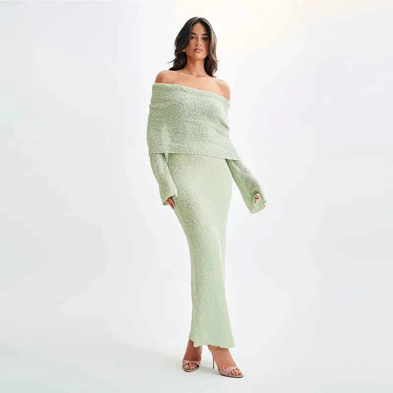 One-shoulder Knitted Long-sleeved Dress Sexy Beach Holiday Long Dresses Womens