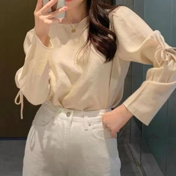 Lace-up Solid Color Gentle And All-match Round Neck Long Sleeve Shirt