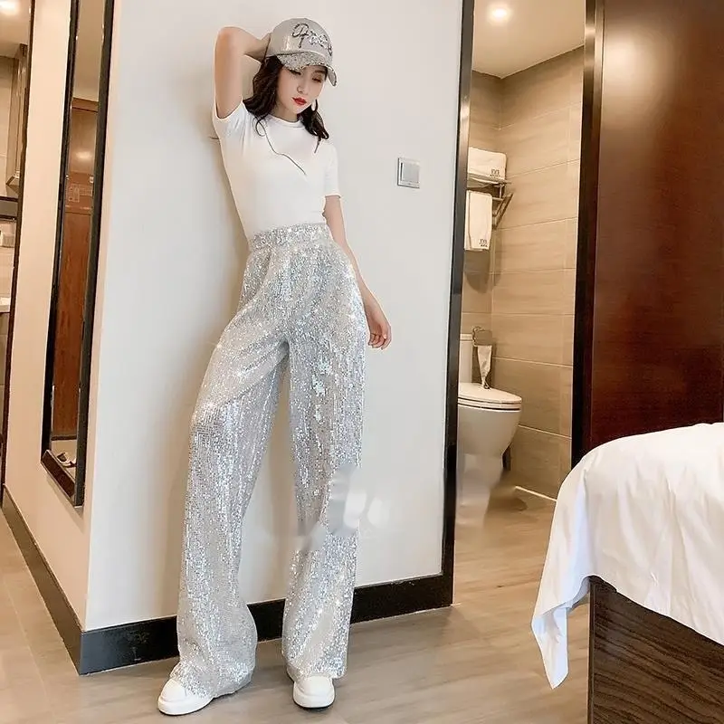 Silver White Sequins Drooping Wide Leg Pants Women