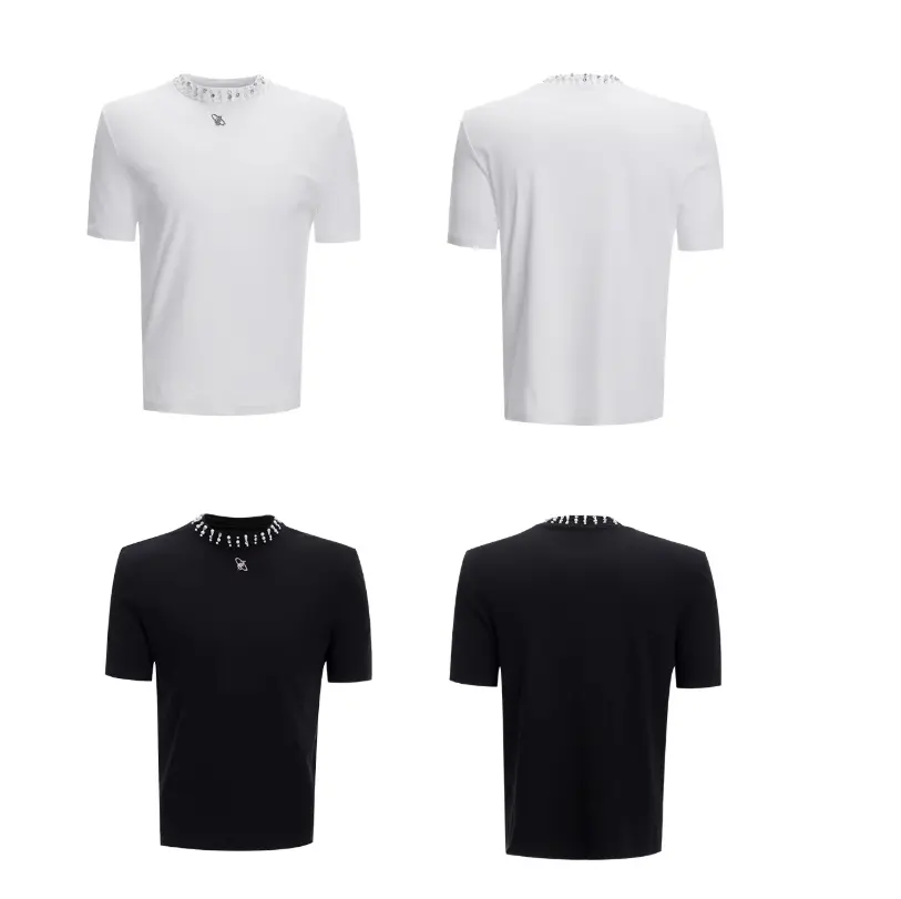 Modal Rhinestone Pearl Collar Stitching Design Short Sleeve