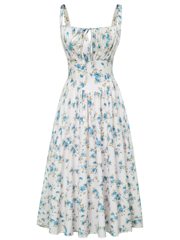 European And American Spaghetti-strap Floral Print Dress Waist-tight