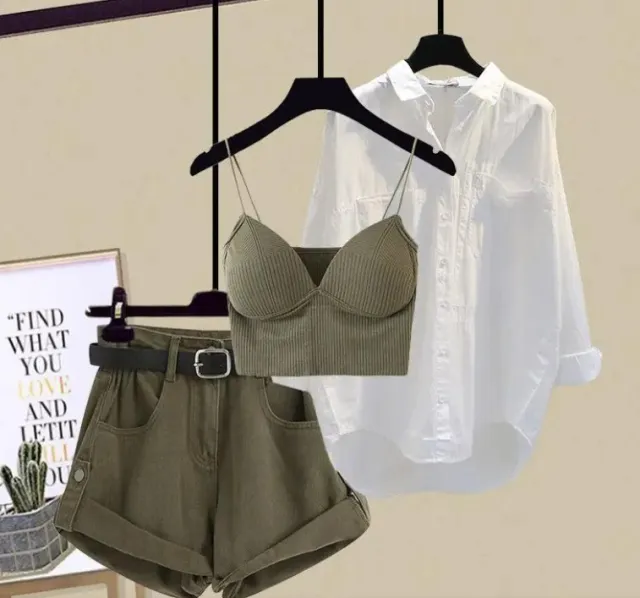 Plus Size Women's Western Style Slimming Thin Type Sunscreen Shirt Short Pants Three piece Suit Set A Xl - Shop at LoveMi
