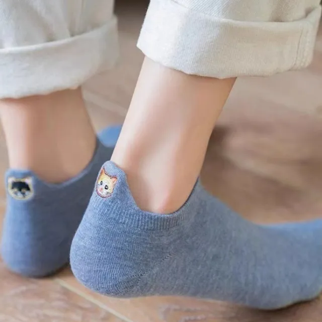 Spring Mesh Breathable Heel Embroidered Cat Women's Boat Socks Blue - Shop at LoveMi