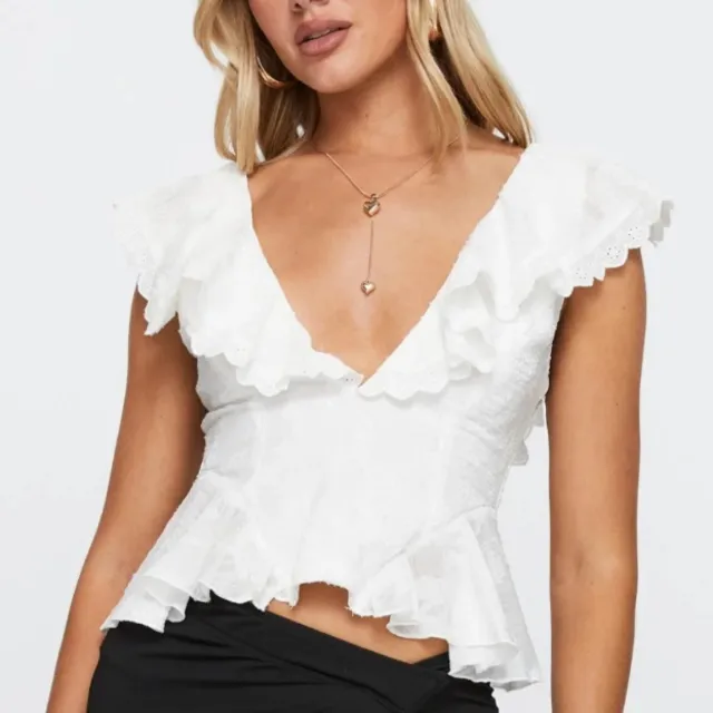 Women's White V collar Irregular Lace Short Stitching Top White - Shop at LoveMi
