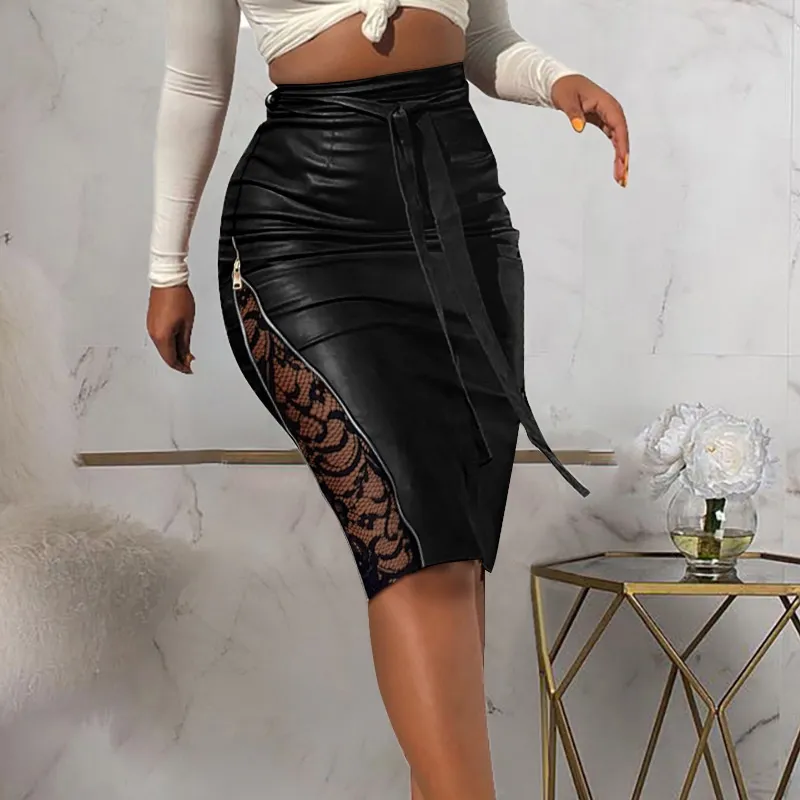 New Sexy Split Lace Stitching Slim-fit Lace Up Leather Skirt - Black