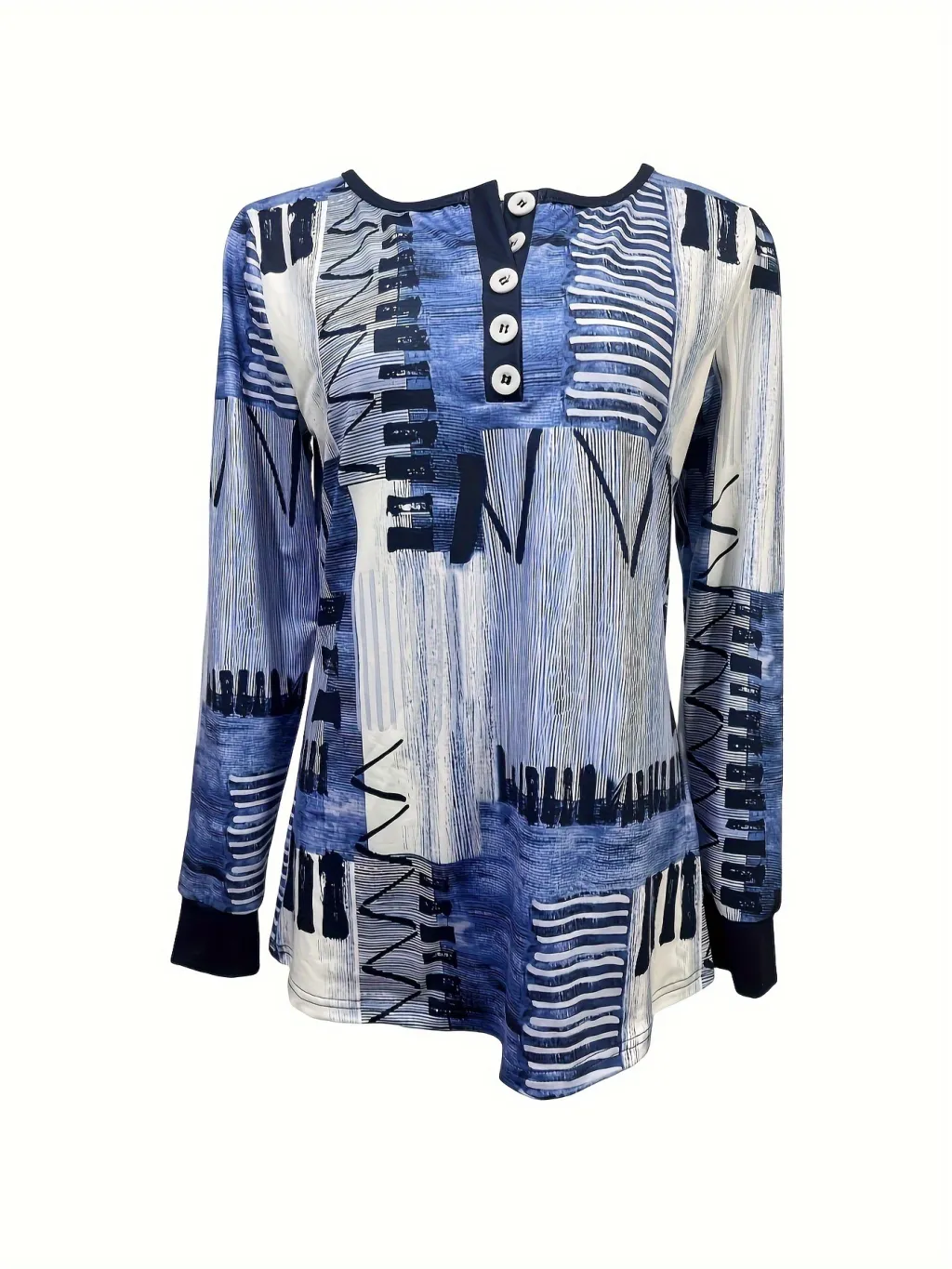 Digital Printed Pullover Button Long Sleeve T-shirt - Blue