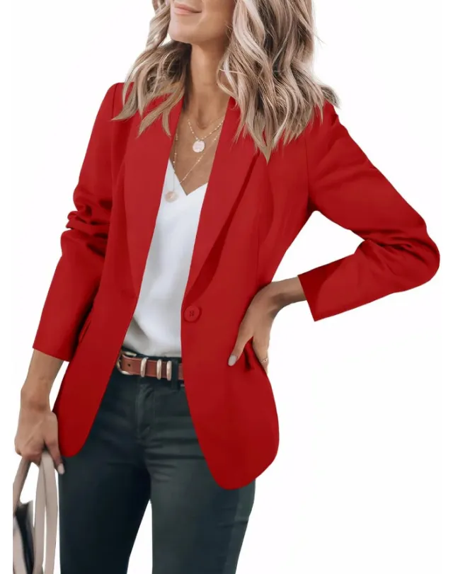Women's Long Sleeve Solid Color Polo Collar Small Suit Jacket Red - Shop at LoveMi