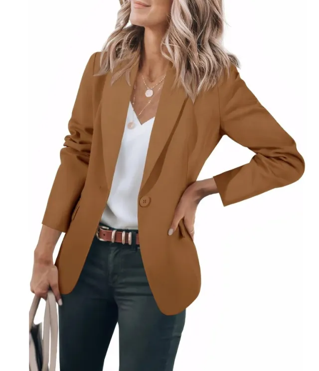 Women's Long Sleeve Solid Color Polo Collar Small Suit Jacket Brown - Shop at LoveMi