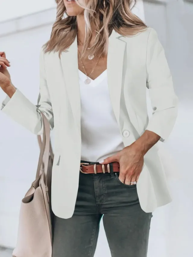 Women's Long Sleeve Solid Color Polo Collar Small Suit Jacket White - Shop at LoveMi
