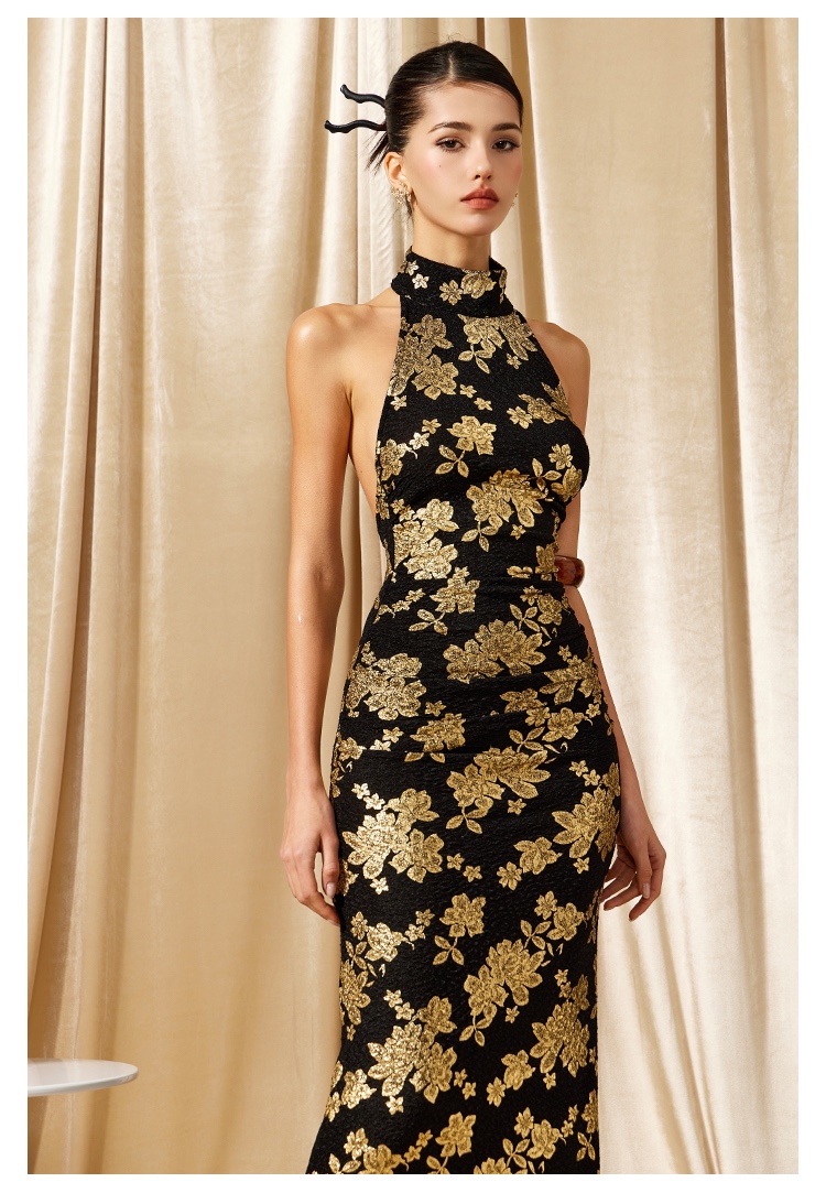 New Chinese Cheongsam Gilded Evening Gown Halter Dress