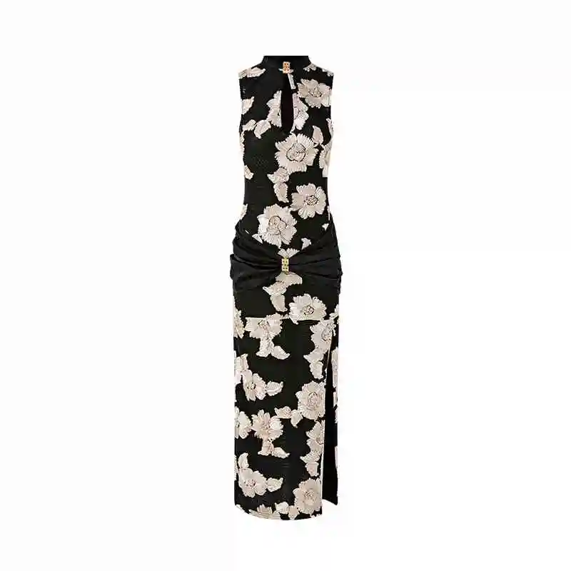 Champagne Black Dignified Flowers Mesh Stitching Crimp Dress