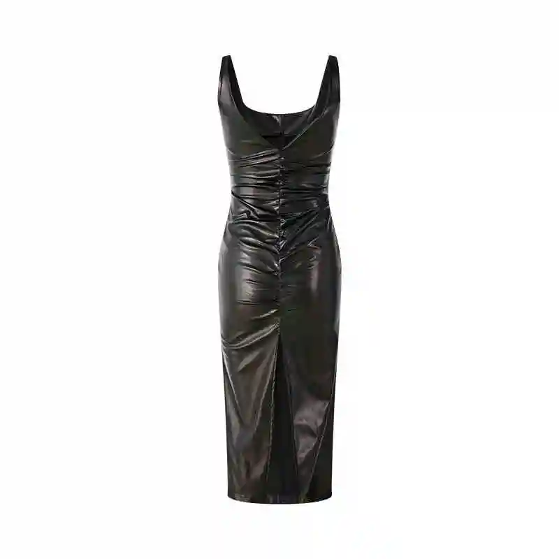 Reverse Fold Split Sling Dress PU Leather Dress